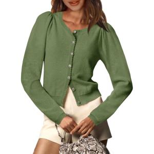 Saodimallsu Womens Puff Long Sleeve Cardigan Sweaters Fall Button Down Lightweight Knit Crew Neck Sweater Shirts(Army Green)