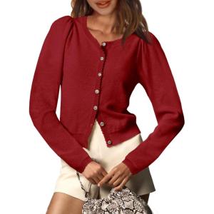 Saodimallsu Womens Puff Long Sleeve Cardigan Sweaters Fall Button Down Lightweight Knit Crew Neck Sweater Shirts(Burgundy)