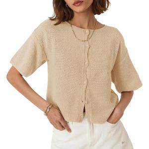 Saodimallsu Womens Short Sleeve Cardigan Summer Lightweight Button Down Waffle Knit Loose Crew Neck Sweater Tops(Apricot)