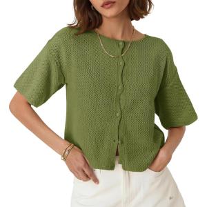 Saodimallsu Womens Short Sleeve Cardigan Summer Lightweight Button Down Waffle Knit Loose Crew Neck Sweater Tops(Army Green)