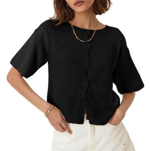 Saodimallsu Womens Short Sleeve Cardigan Summer Lightweight Button Down Waffle Knit Loose Crew Neck Sweater Tops(Black)