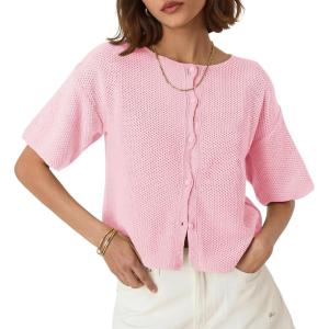 Saodimallsu Womens Short Sleeve Cardigan Summer Lightweight Button Down Waffle Knit Loose Crew Neck Sweater Tops(Pink)