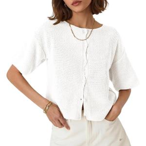 Saodimallsu Womens Short Sleeve Cardigan Summer Lightweight Button Down Waffle Knit Loose Crew Neck Sweater Tops(White)