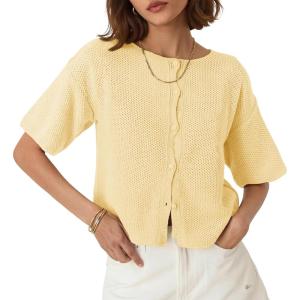 Saodimallsu Womens Short Sleeve Cardigan Summer Lightweight Button Down Waffle Knit Loose Crew Neck Sweater Tops(Yellow)