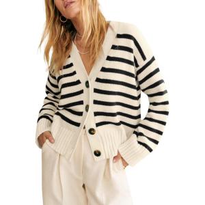 Saodimallsu Womens Striped Cardigan Sweaters V Neck Button Down Long Sleeve Open Front Ribbed Knit Outerwear(Beige)