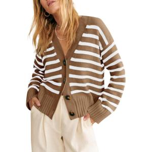 Saodimallsu Womens Striped Cardigan Sweaters V Neck Button Down Long Sleeve Open Front Ribbed Knit Outerwear(Coffee)