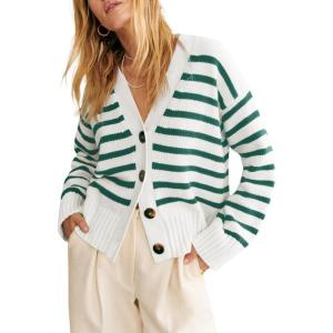 Saodimallsu Womens Striped Cardigan Sweaters V Neck Button Down Long Sleeve Open Front Ribbed Knit Outerwear(Green)