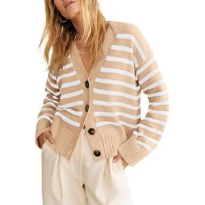 Saodimallsu Womens Striped Cardigan Sweaters V Neck Button Down Long Sleeve Open Front Ribbed Knit Outerwear(Khaki)