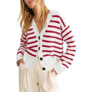 Saodimallsu Womens Striped Cardigan Sweaters V Neck Button Down Long Sleeve Open Front Ribbed Knit Outerwear(Red)