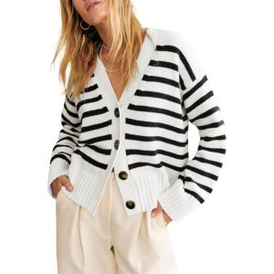 Saodimallsu Womens Striped Cardigan Sweaters V Neck Button Down Long Sleeve Open Front Ribbed Knit Outerwear(White)