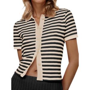 Saodimallsu Womens Striped Short Sleeve Sweater Tops Polo Collared Button Crochet Summer Cropped Cardigan(Apricot)