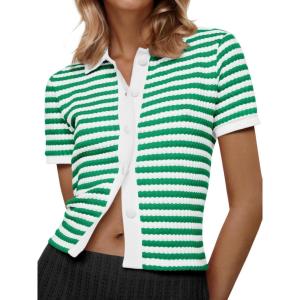 Saodimallsu Womens Striped Short Sleeve Sweater Tops Polo Collared Button Crochet Summer Cropped Cardigan(Green)