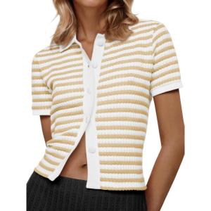 Saodimallsu Womens Striped Short Sleeve Sweater Tops Polo Collared Button Crochet Summer Cropped Cardigan(Khaki)