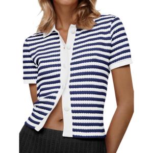 Saodimallsu Womens Striped Short Sleeve Sweater Tops Polo Collared Button Crochet Summer Cropped Cardigan(Navy Blue)