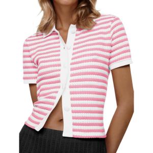 Saodimallsu Womens Striped Short Sleeve Sweater Tops Polo Collared Button Crochet Summer Cropped Cardigan(Pink)