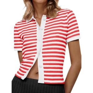 Saodimallsu Womens Striped Short Sleeve Sweater Tops Polo Collared Button Crochet Summer Cropped Cardigan(Red)