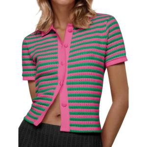 Saodimallsu Womens Striped Short Sleeve Sweater Tops Polo Collared Button Crochet Summer Cropped Cardigan(Rose Red)