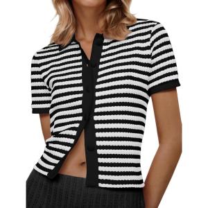 Saodimallsu Womens Striped Short Sleeve Sweater Tops Polo Collared Button Crochet Summer Cropped Cardigan(White)
