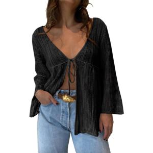 Saodimallsu Womens Summer Lightweight Tie Front Cardigans Crochet Knit Long Bell Sleeve Casual V Neck Beach Cover Ups(Black)
