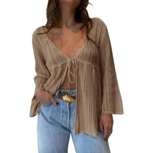 Saodimallsu Womens Summer Lightweight Tie Front Cardigans Crochet Knit Long Bell Sleeve Casual V Neck Beach Cover Ups(Khaki)