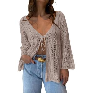 Saodimallsu Womens Summer Lightweight Tie Front Cardigans Crochet Knit Long Bell Sleeve Casual V Neck Beach Cover Ups(Light Gray)