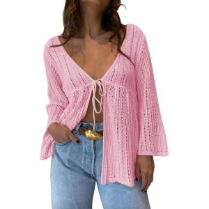 Saodimallsu Womens Summer Lightweight Tie Front Cardigans Crochet Knit Long Bell Sleeve Casual V Neck Beach Cover Ups(Light Pink)