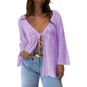 Saodimallsu Womens Summer Lightweight Tie Front Cardigans Crochet Knit Long Bell Sleeve Casual V Neck Beach Cover Ups(Purple)