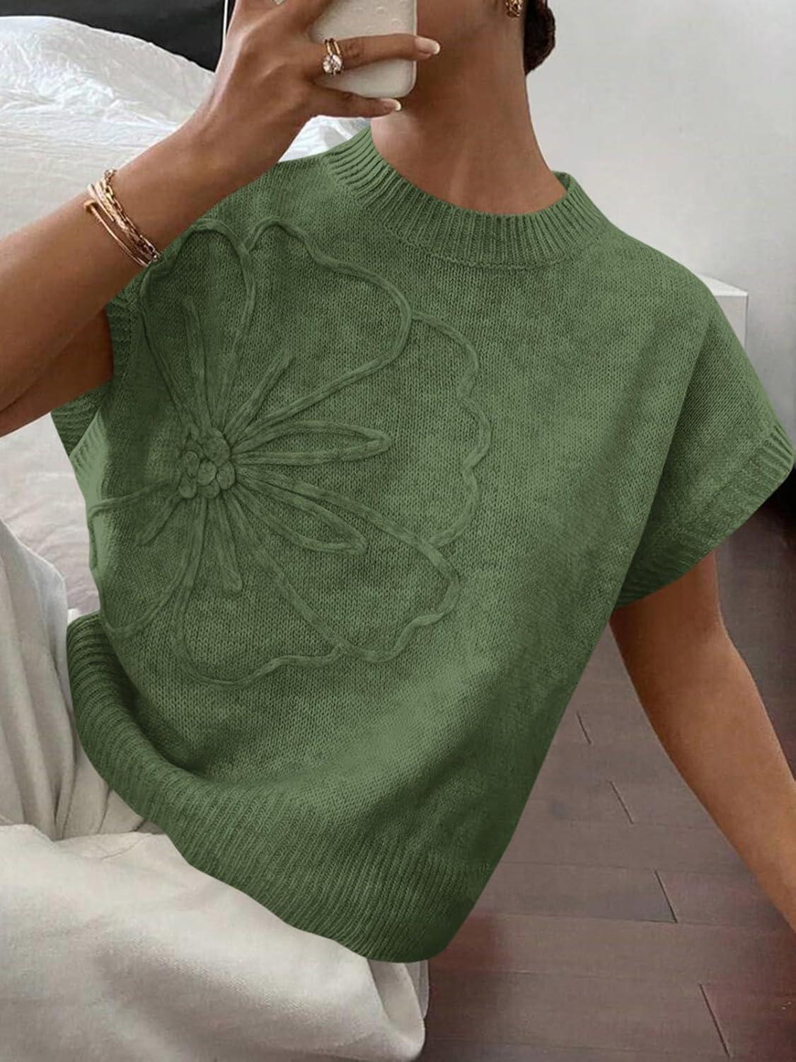image:imageSaodimallsu Womens Short Sleeve Sweater Trendy Floral Pullover Sweaters Summer Casual Crewneck Lightweight Knit TopsArmy Green