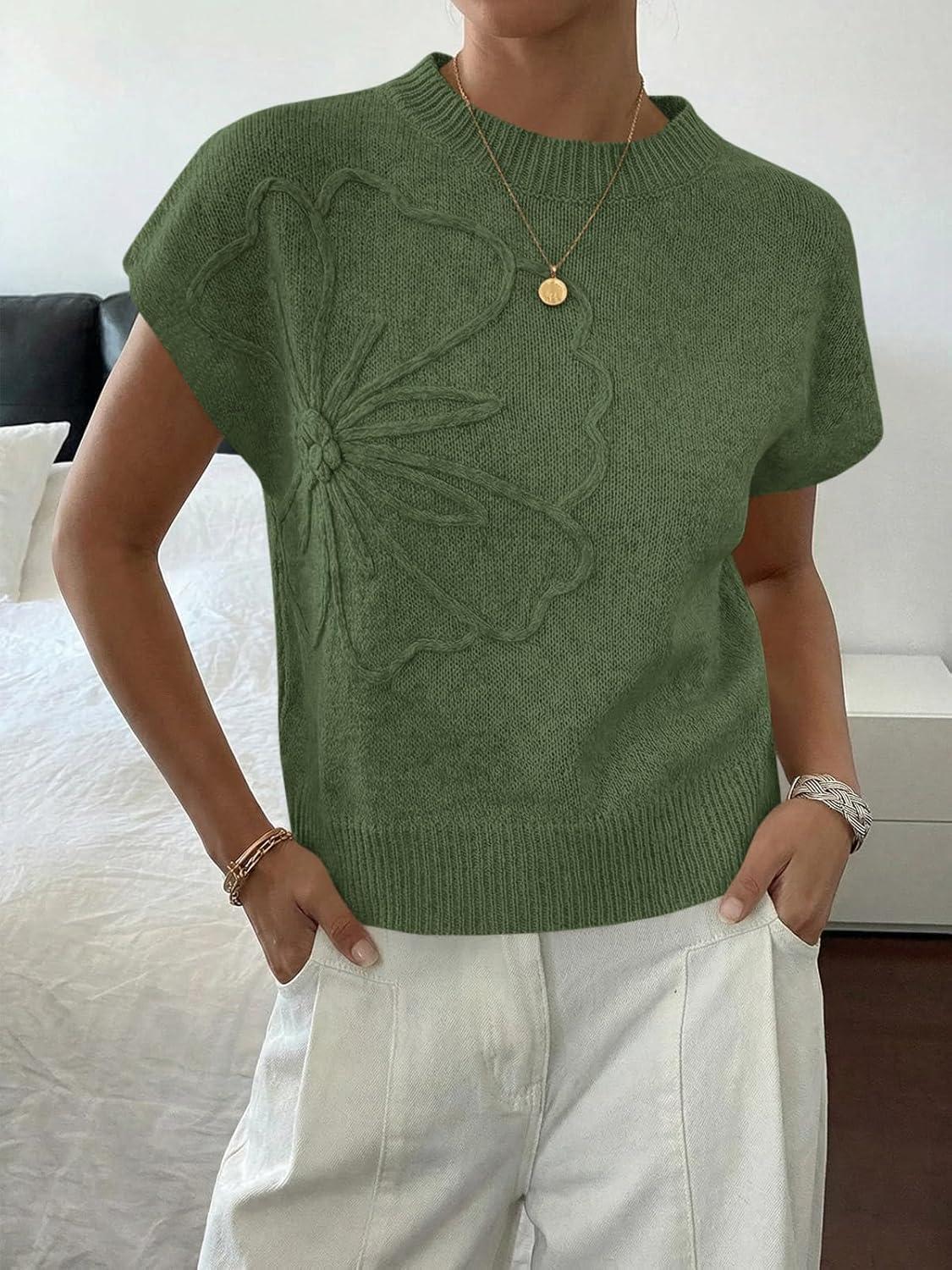 image:imageSaodimallsu Womens Short Sleeve Sweater Trendy Floral Pullover Sweaters Summer Casual Crewneck Lightweight Knit TopsArmy Green