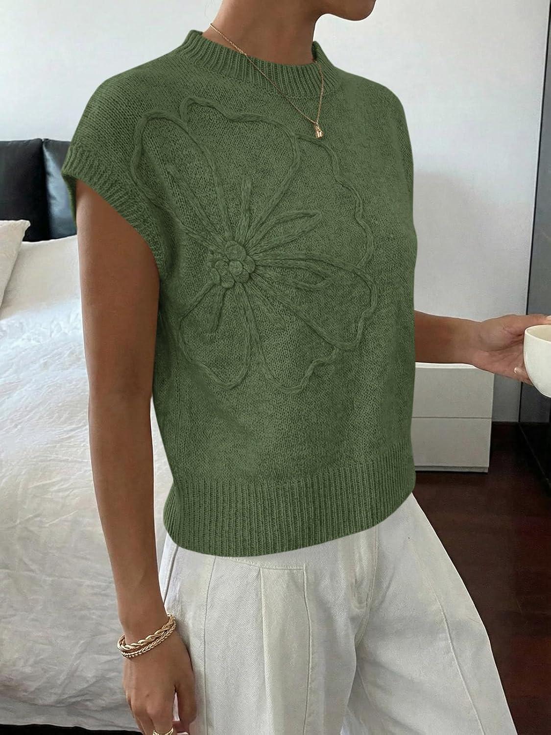 image:imageSaodimallsu Womens Short Sleeve Sweater Trendy Floral Pullover Sweaters Summer Casual Crewneck Lightweight Knit TopsArmy Green