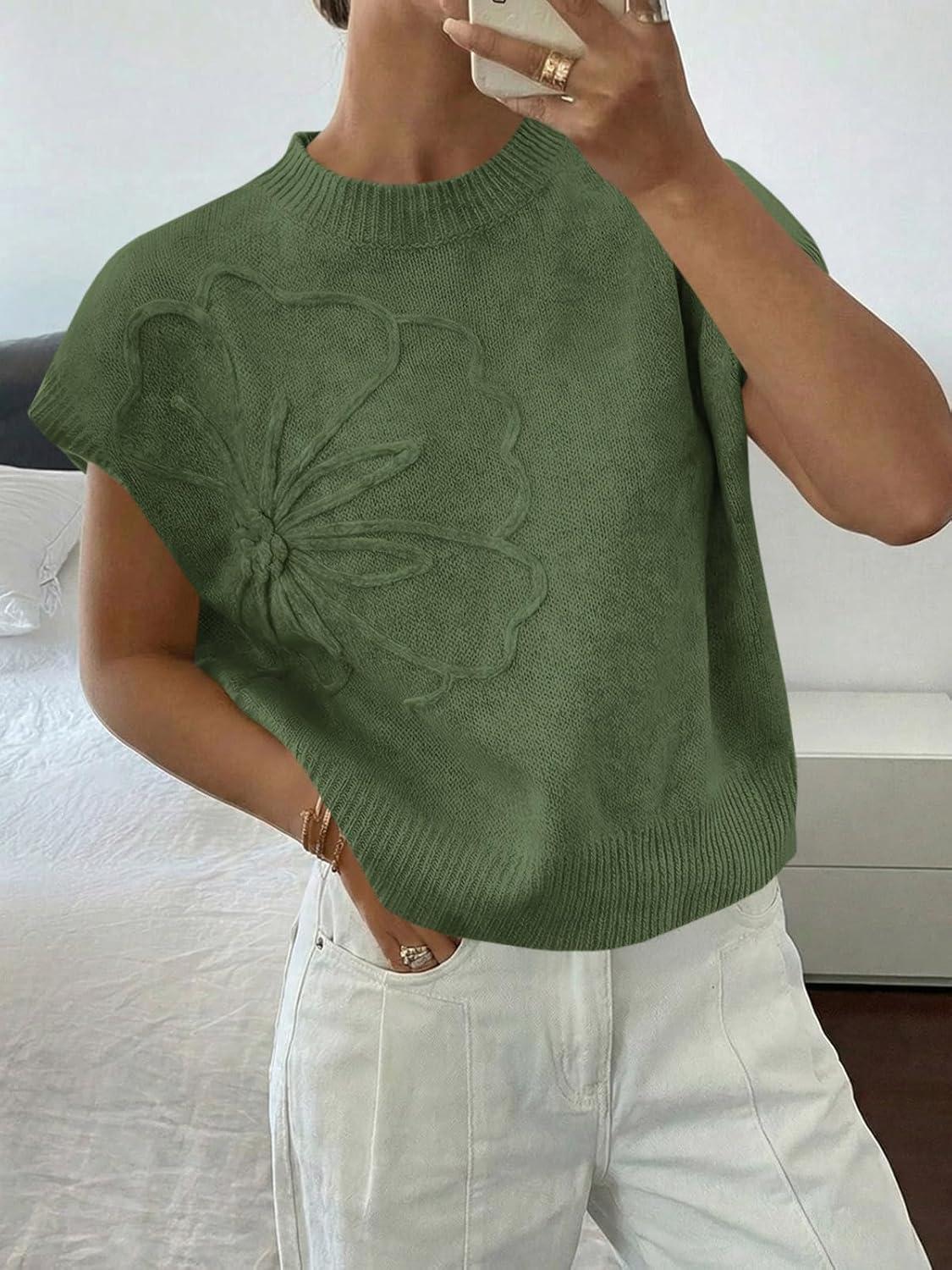 image:imageSaodimallsu Womens Short Sleeve Sweater Trendy Floral Pullover Sweaters Summer Casual Crewneck Lightweight Knit TopsArmy Green