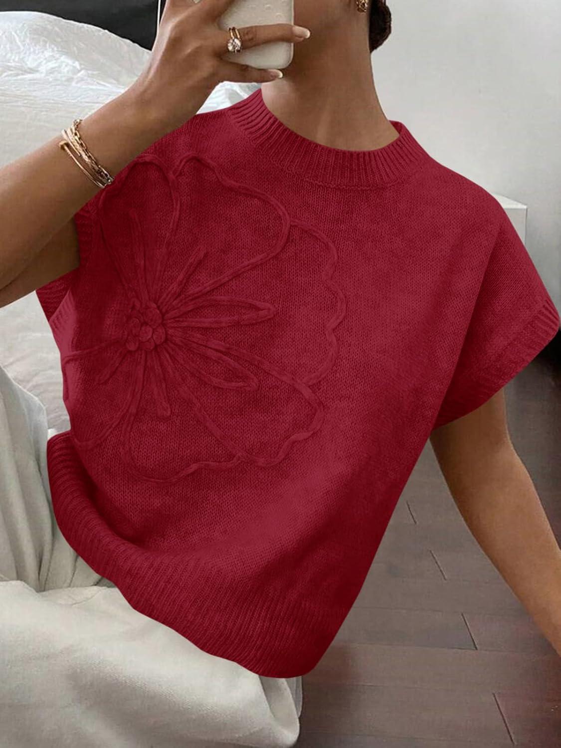 image:imageSaodimallsu Womens Short Sleeve Sweater Trendy Floral Pullover Sweaters Summer Casual Crewneck Lightweight Knit TopsBurgundy