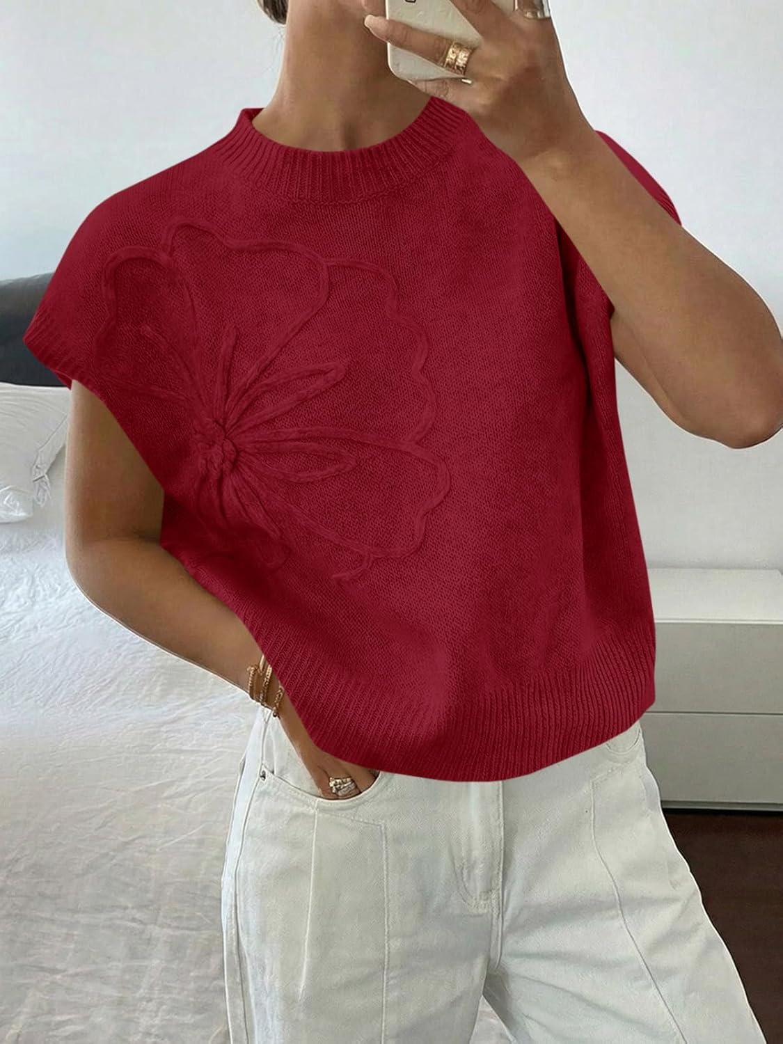 image:imageSaodimallsu Womens Short Sleeve Sweater Trendy Floral Pullover Sweaters Summer Casual Crewneck Lightweight Knit TopsBurgundy