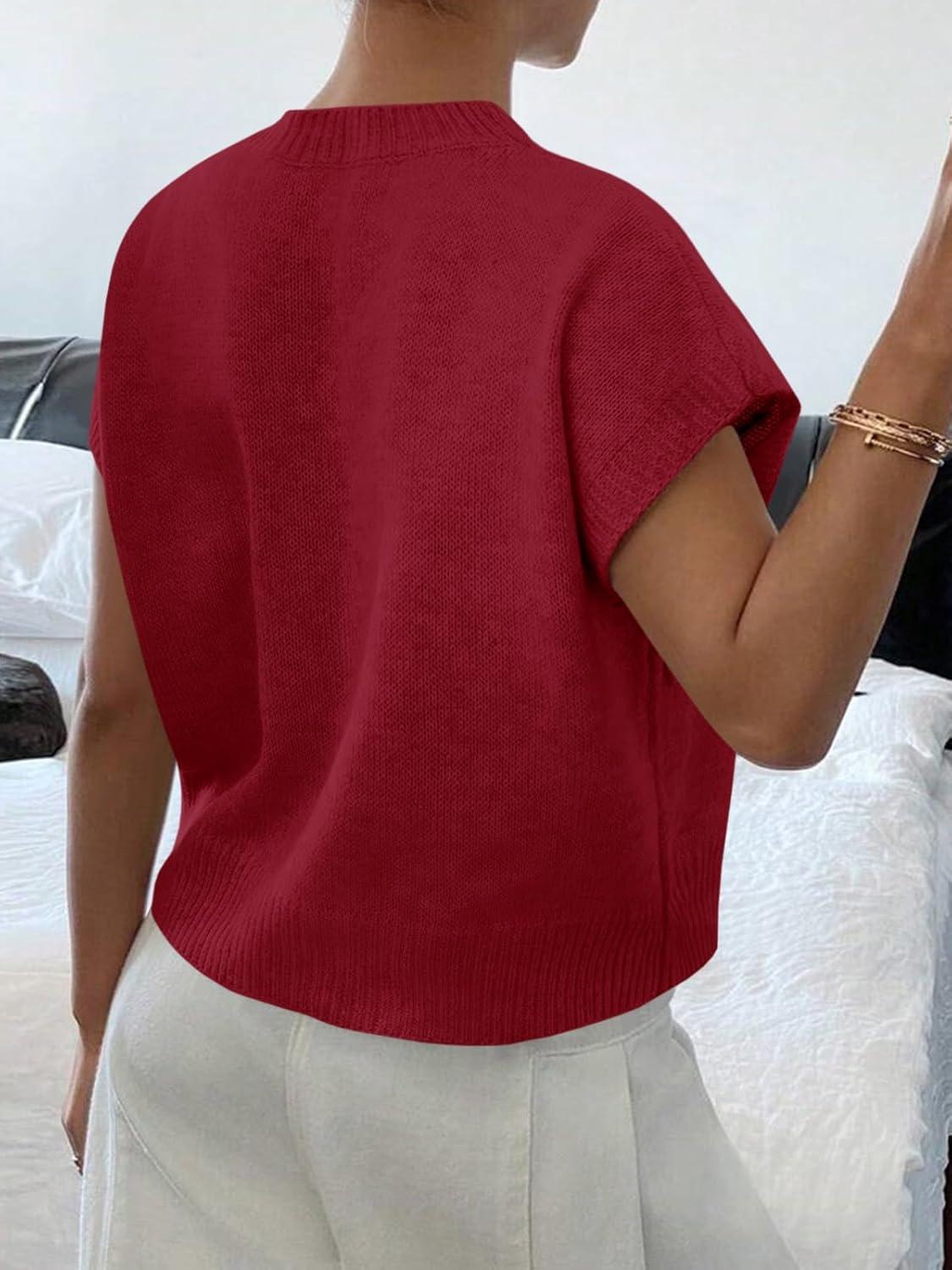 image:imageSaodimallsu Womens Short Sleeve Sweater Trendy Floral Pullover Sweaters Summer Casual Crewneck Lightweight Knit TopsBurgundy