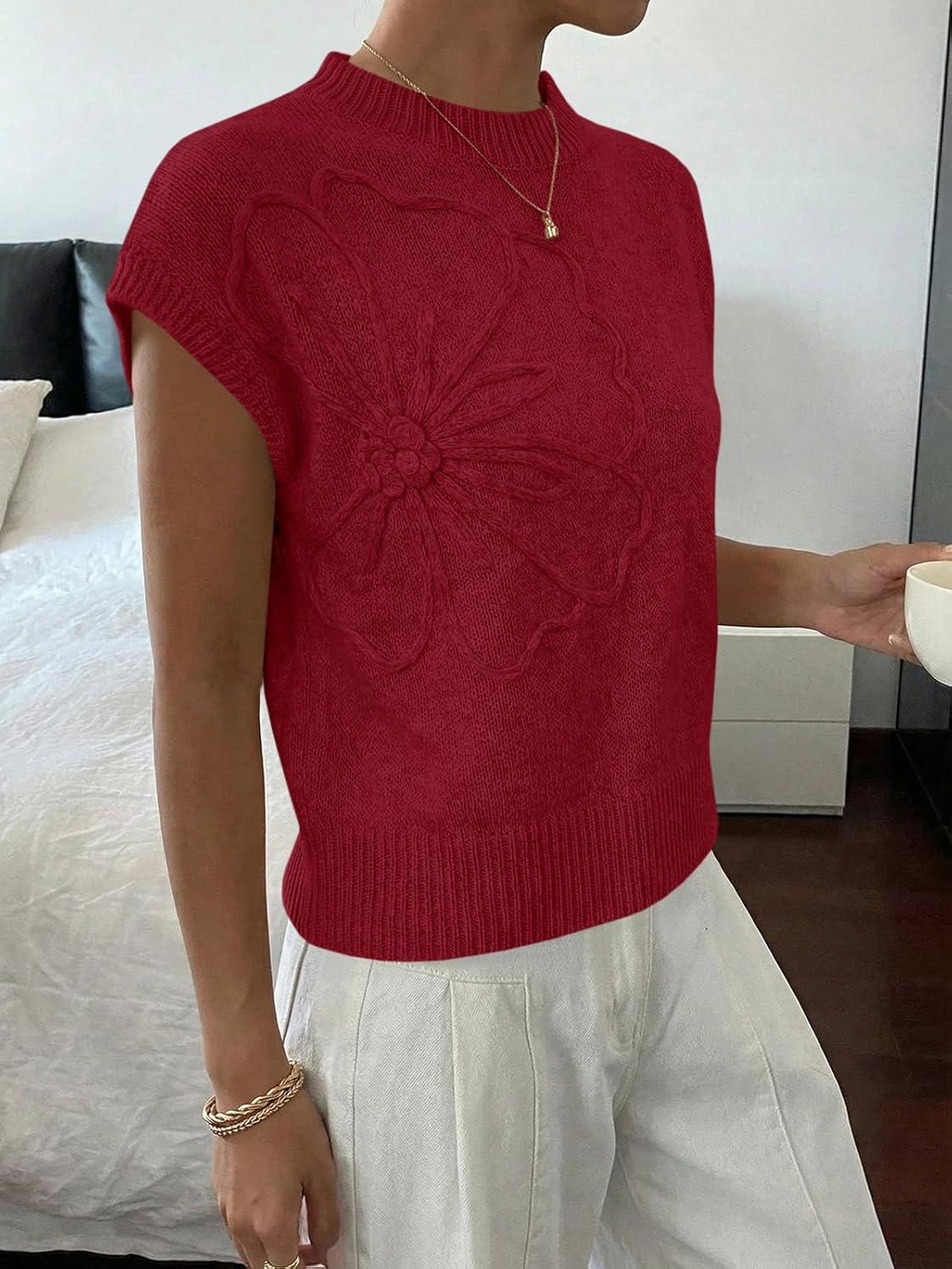 image:imageSaodimallsu Womens Short Sleeve Sweater Trendy Floral Pullover Sweaters Summer Casual Crewneck Lightweight Knit TopsBurgundy