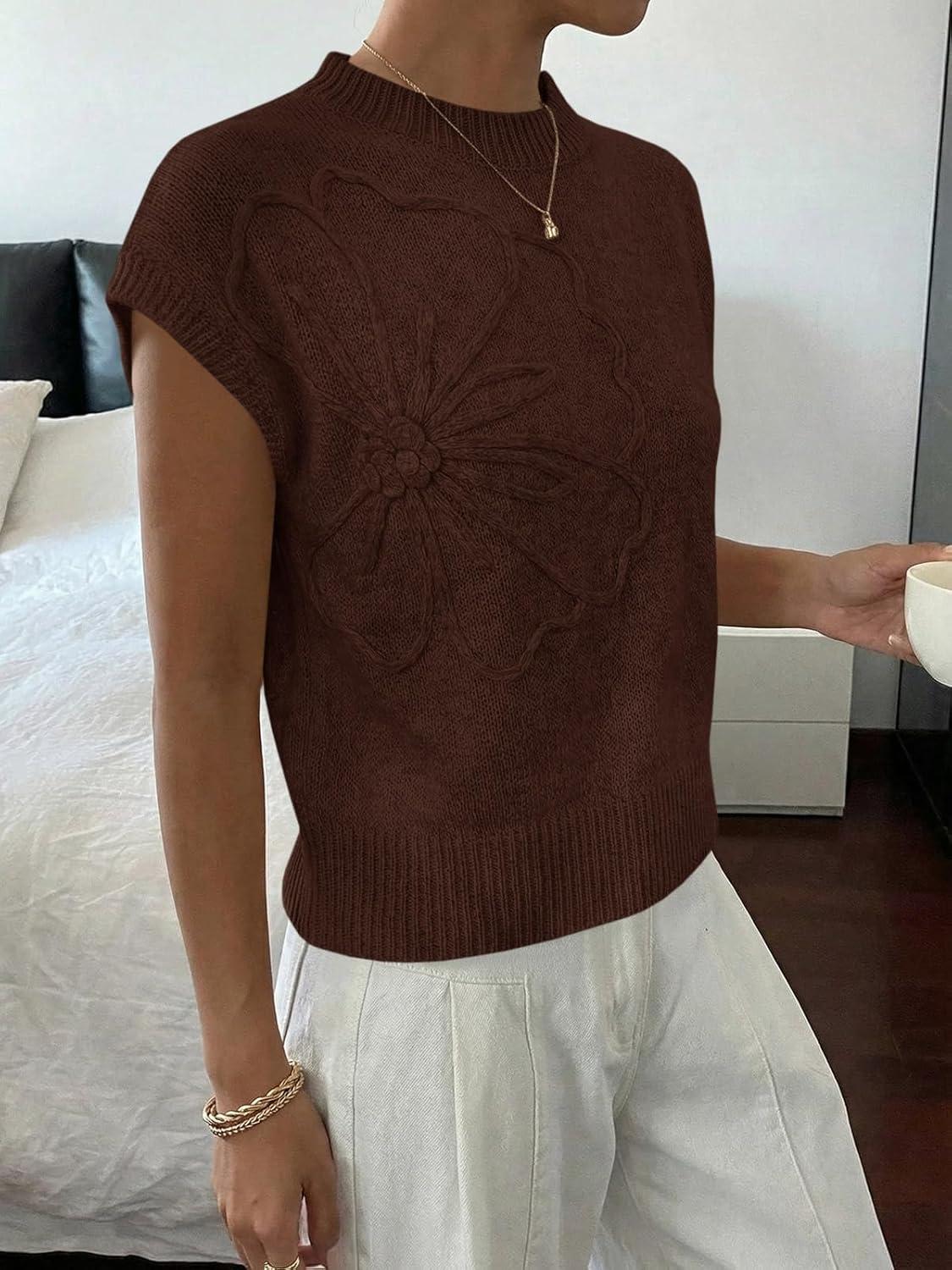 image:imageSaodimallsu Womens Short Sleeve Sweater Trendy Floral Pullover Sweaters Summer Casual Crewneck Lightweight Knit TopsCoffee