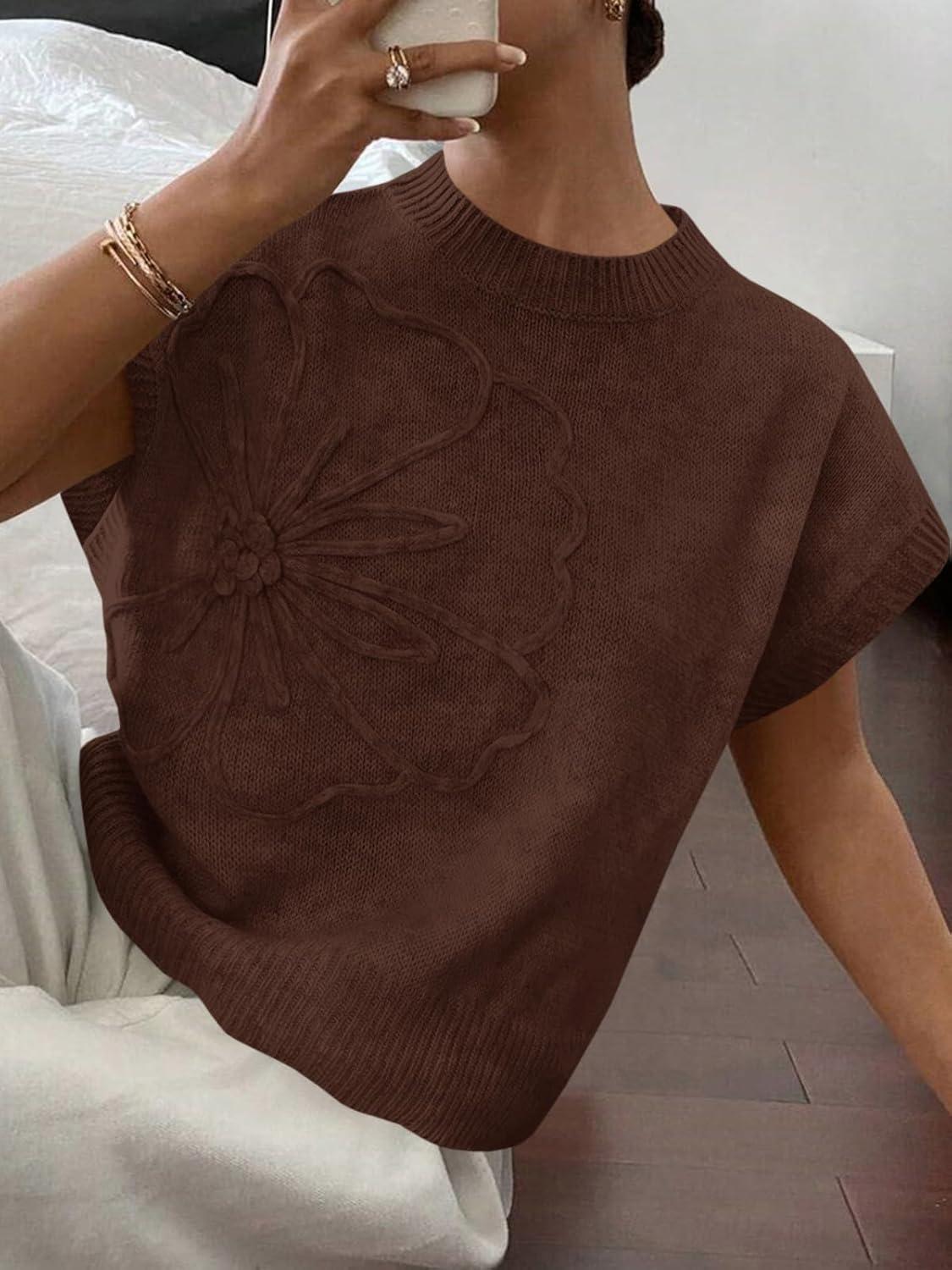 image:imageSaodimallsu Womens Short Sleeve Sweater Trendy Floral Pullover Sweaters Summer Casual Crewneck Lightweight Knit TopsCoffee
