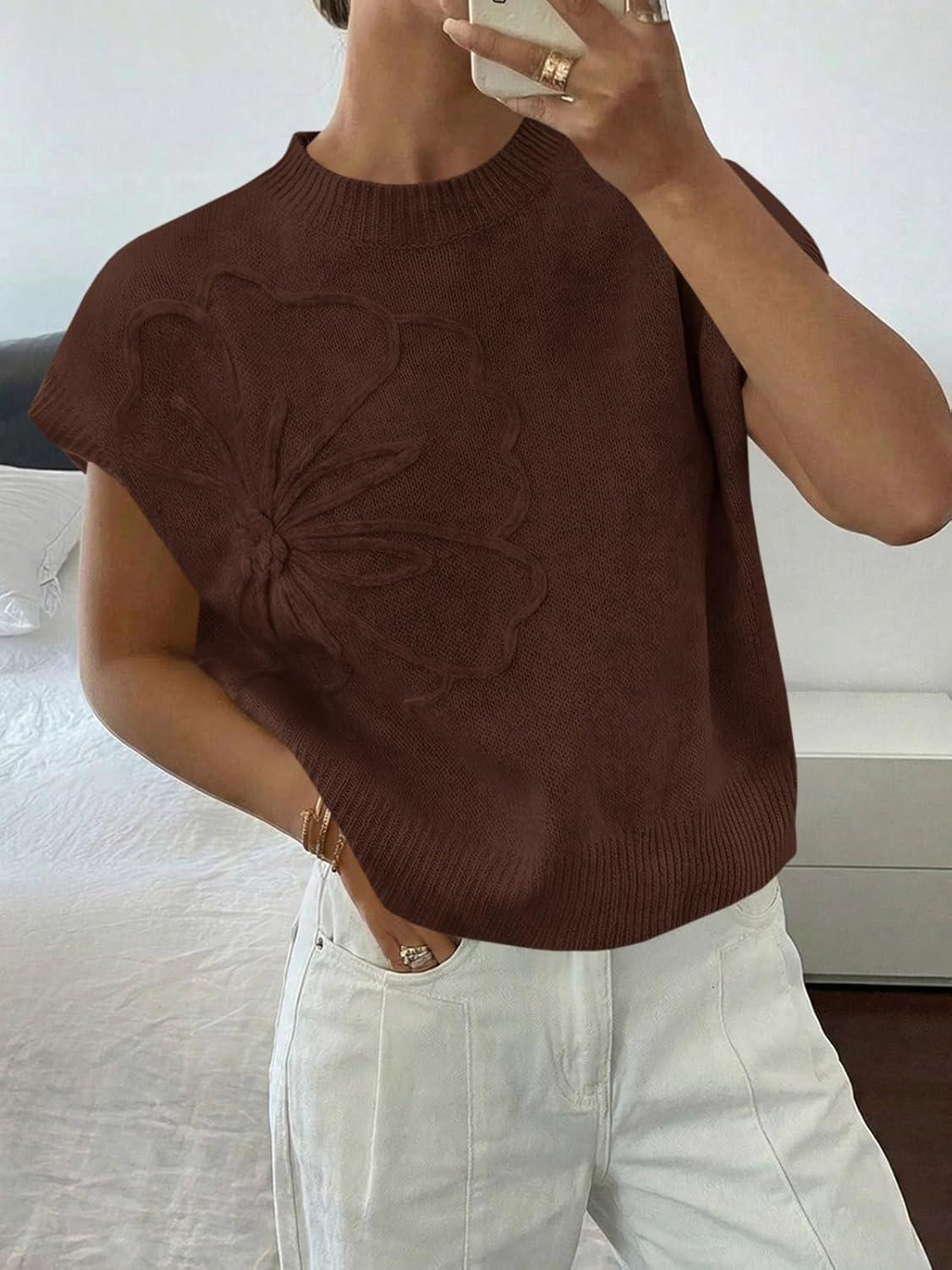image:imageSaodimallsu Womens Short Sleeve Sweater Trendy Floral Pullover Sweaters Summer Casual Crewneck Lightweight Knit TopsCoffee