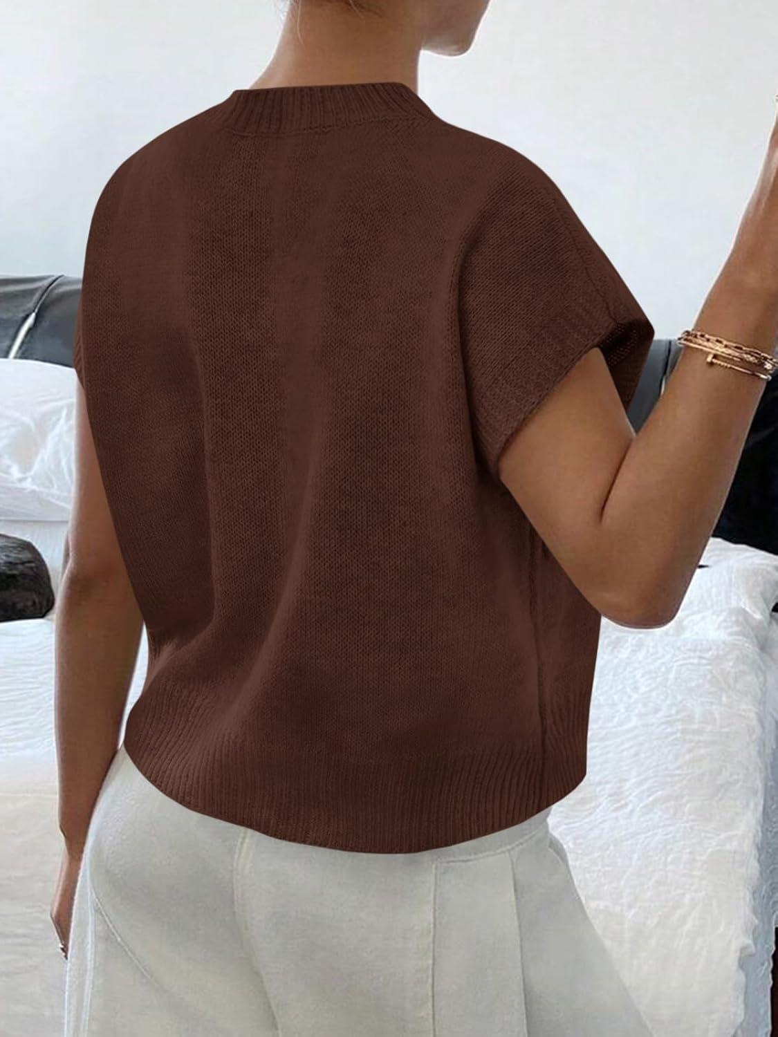 image:imageSaodimallsu Womens Short Sleeve Sweater Trendy Floral Pullover Sweaters Summer Casual Crewneck Lightweight Knit TopsCoffee