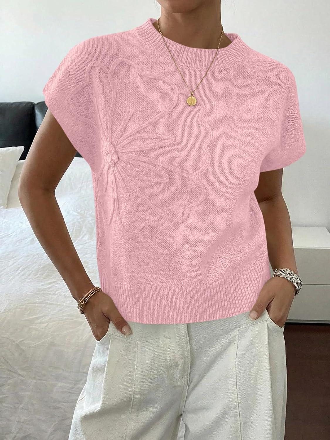 image:imageSaodimallsu Womens Short Sleeve Sweater Trendy Floral Pullover Sweaters Summer Casual Crewneck Lightweight Knit TopsPink