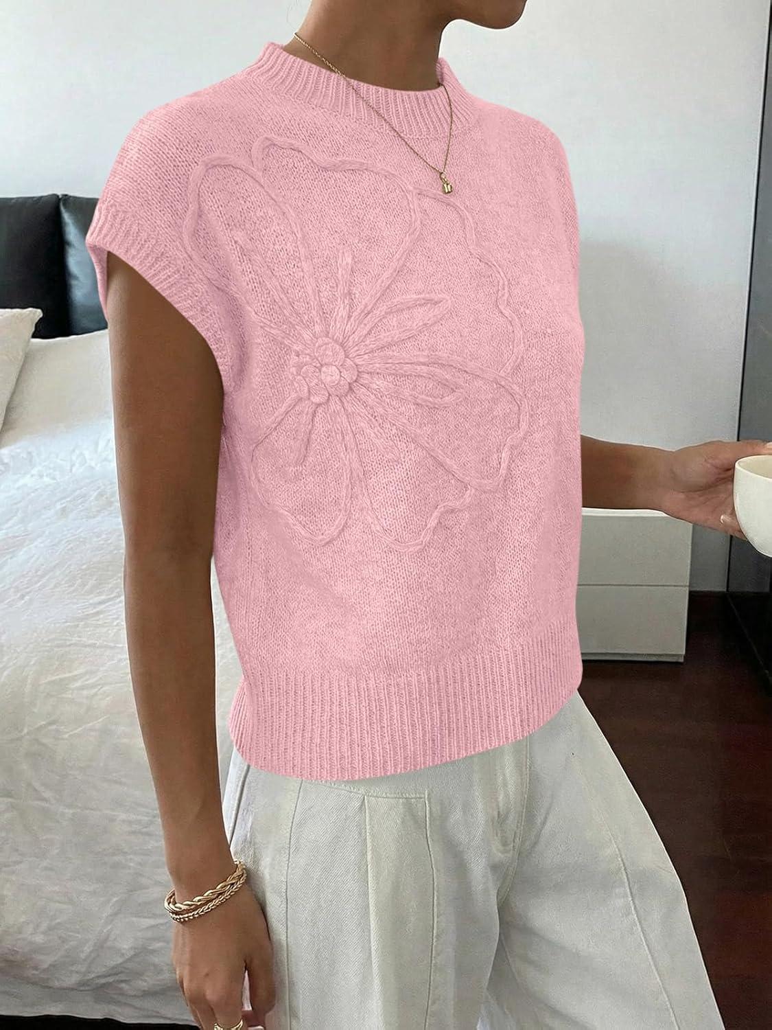 image:imageSaodimallsu Womens Short Sleeve Sweater Trendy Floral Pullover Sweaters Summer Casual Crewneck Lightweight Knit TopsPink
