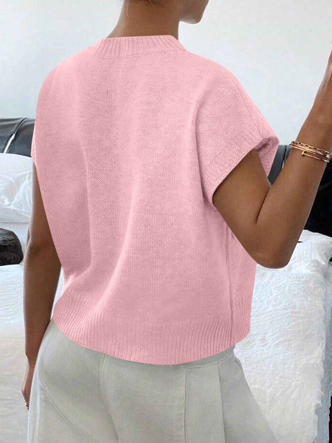image:imageSaodimallsu Womens Short Sleeve Sweater Trendy Floral Pullover Sweaters Summer Casual Crewneck Lightweight Knit TopsPink