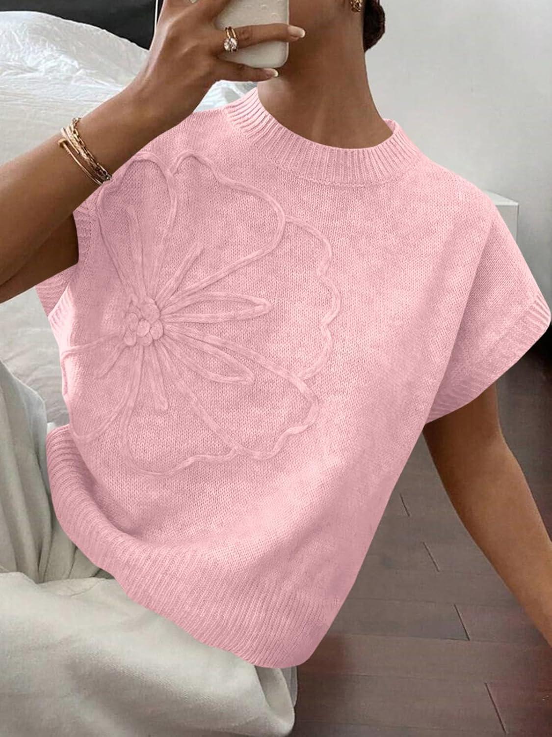 image:imageSaodimallsu Womens Short Sleeve Sweater Trendy Floral Pullover Sweaters Summer Casual Crewneck Lightweight Knit TopsPink