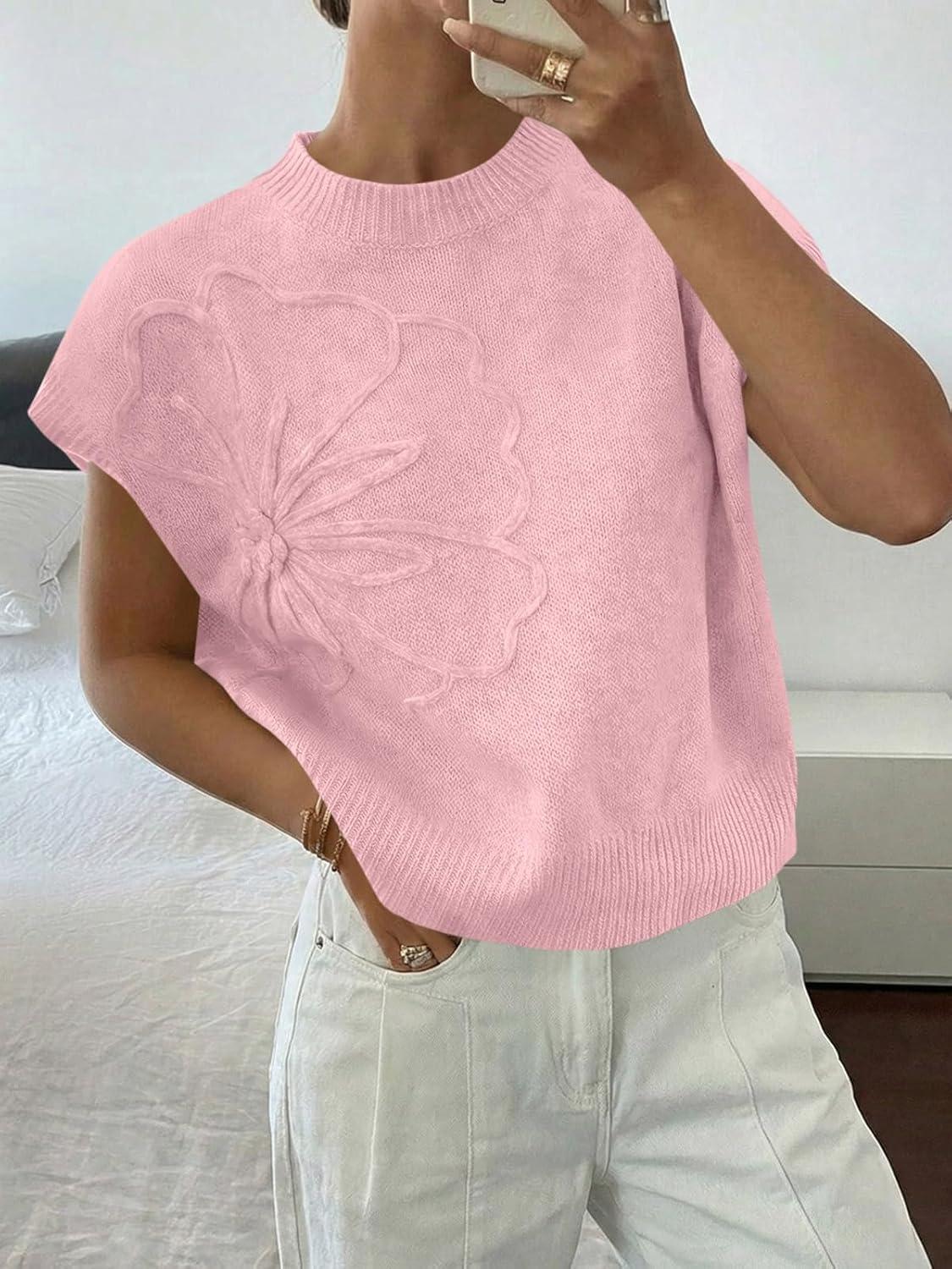 image:imageSaodimallsu Womens Short Sleeve Sweater Trendy Floral Pullover Sweaters Summer Casual Crewneck Lightweight Knit TopsPink