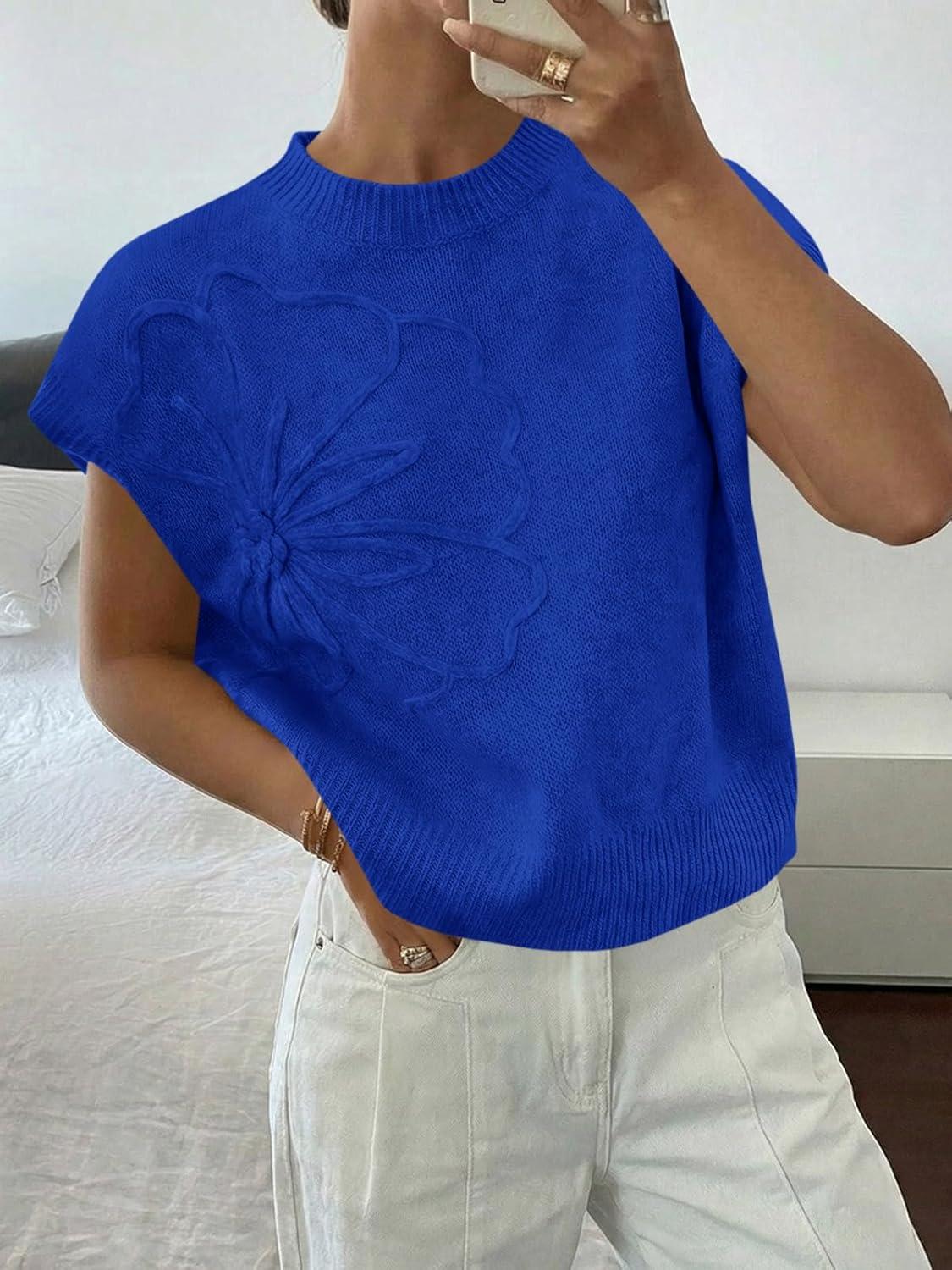 image:imageSaodimallsu Womens Short Sleeve Sweater Trendy Floral Pullover Sweaters Summer Casual Crewneck Lightweight Knit TopsRoyal Blue