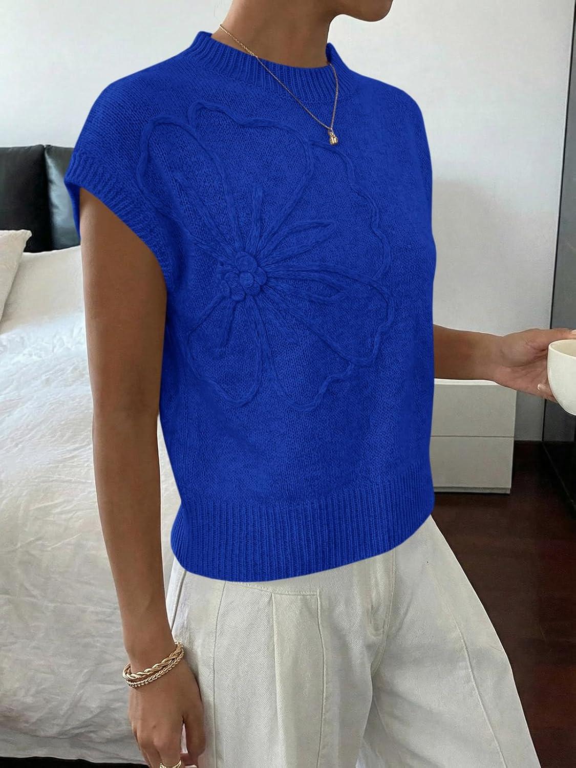 image:imageSaodimallsu Womens Short Sleeve Sweater Trendy Floral Pullover Sweaters Summer Casual Crewneck Lightweight Knit TopsRoyal Blue
