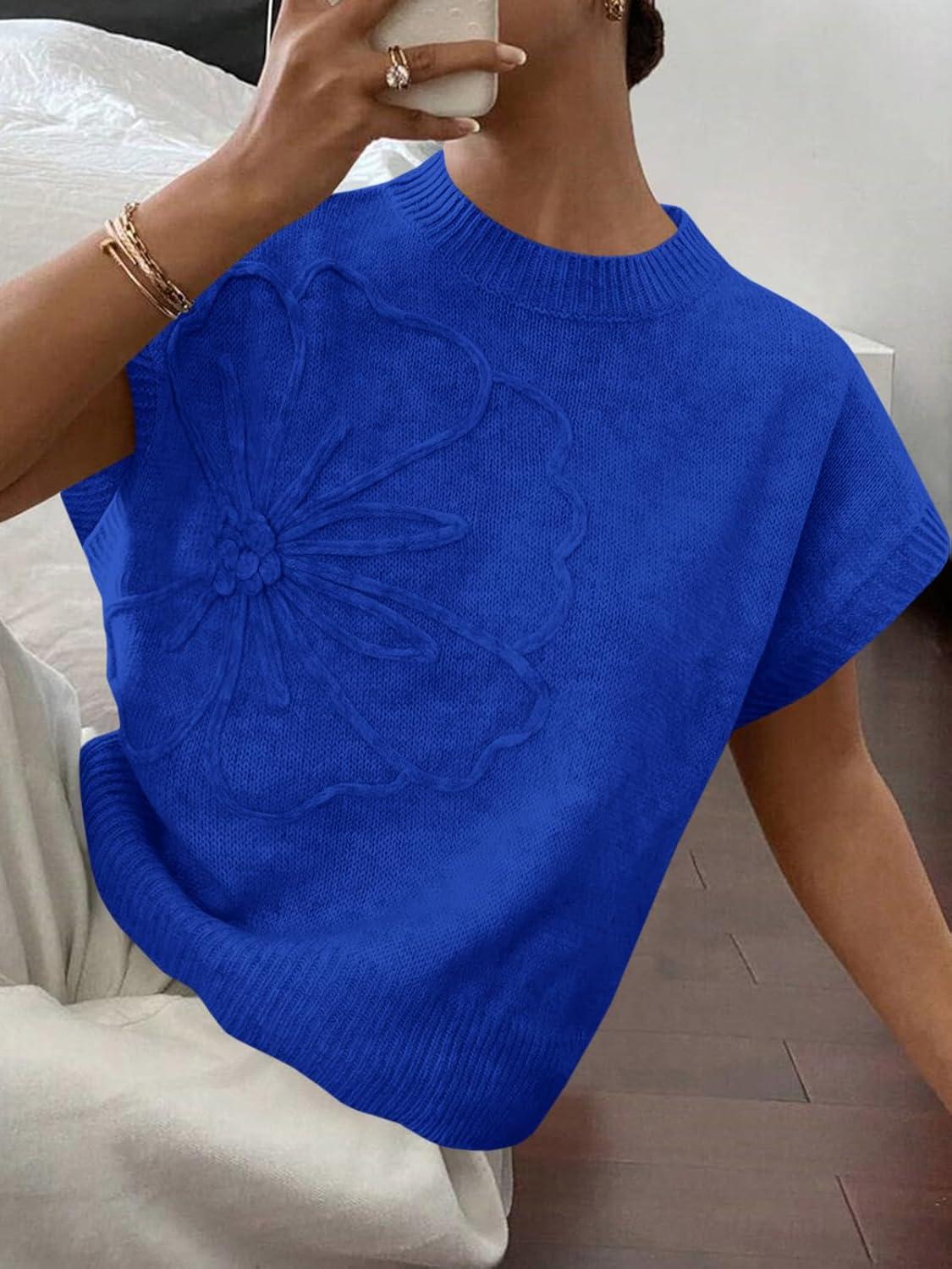 image:imageSaodimallsu Womens Short Sleeve Sweater Trendy Floral Pullover Sweaters Summer Casual Crewneck Lightweight Knit TopsRoyal Blue