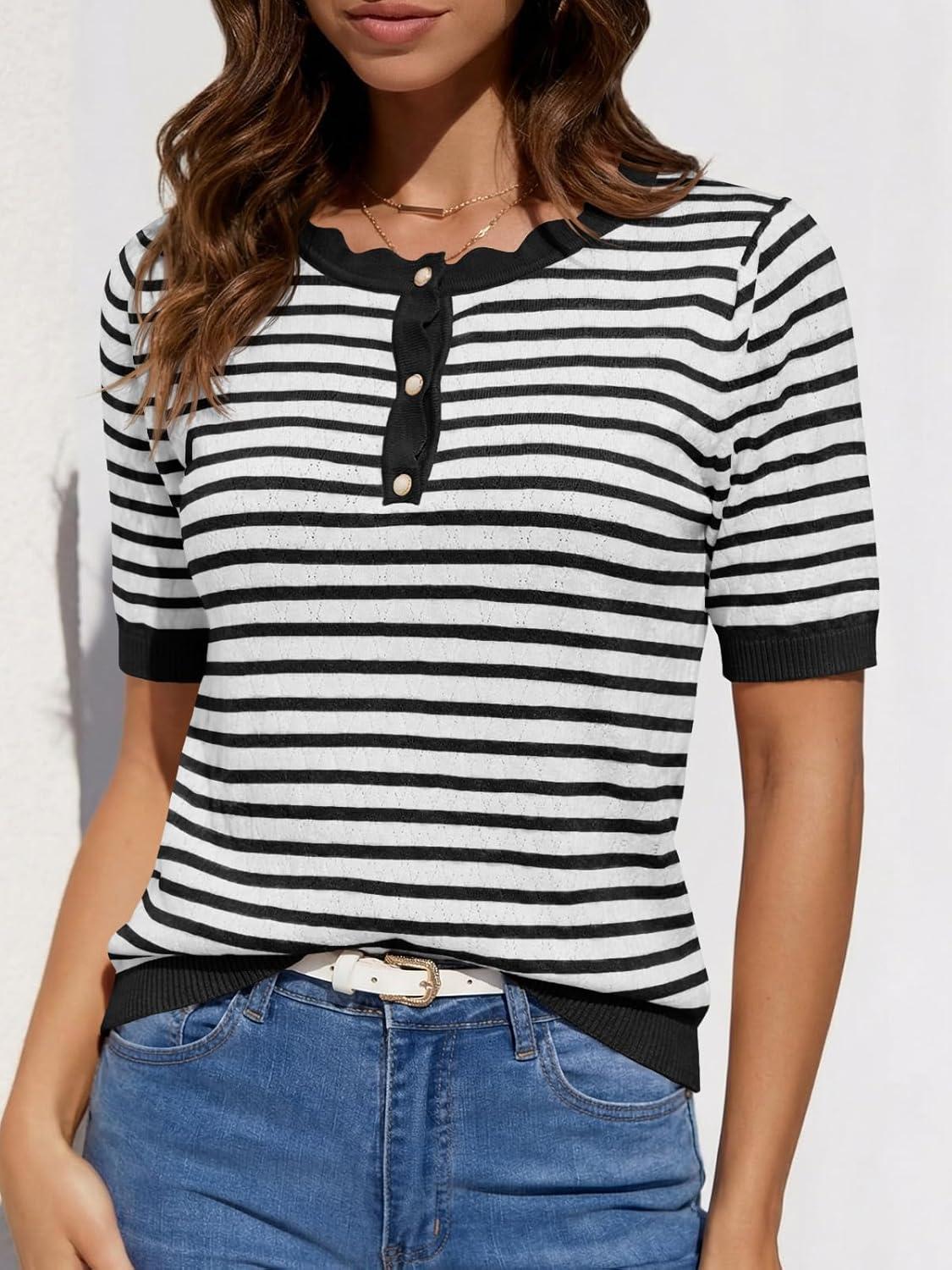 image:imageSaodimallsu Womens Short Sleeve Sweaters Striped Knit Summer Tops Casual Lightweight Pullover Henley Shirts Dressy TopsBlack