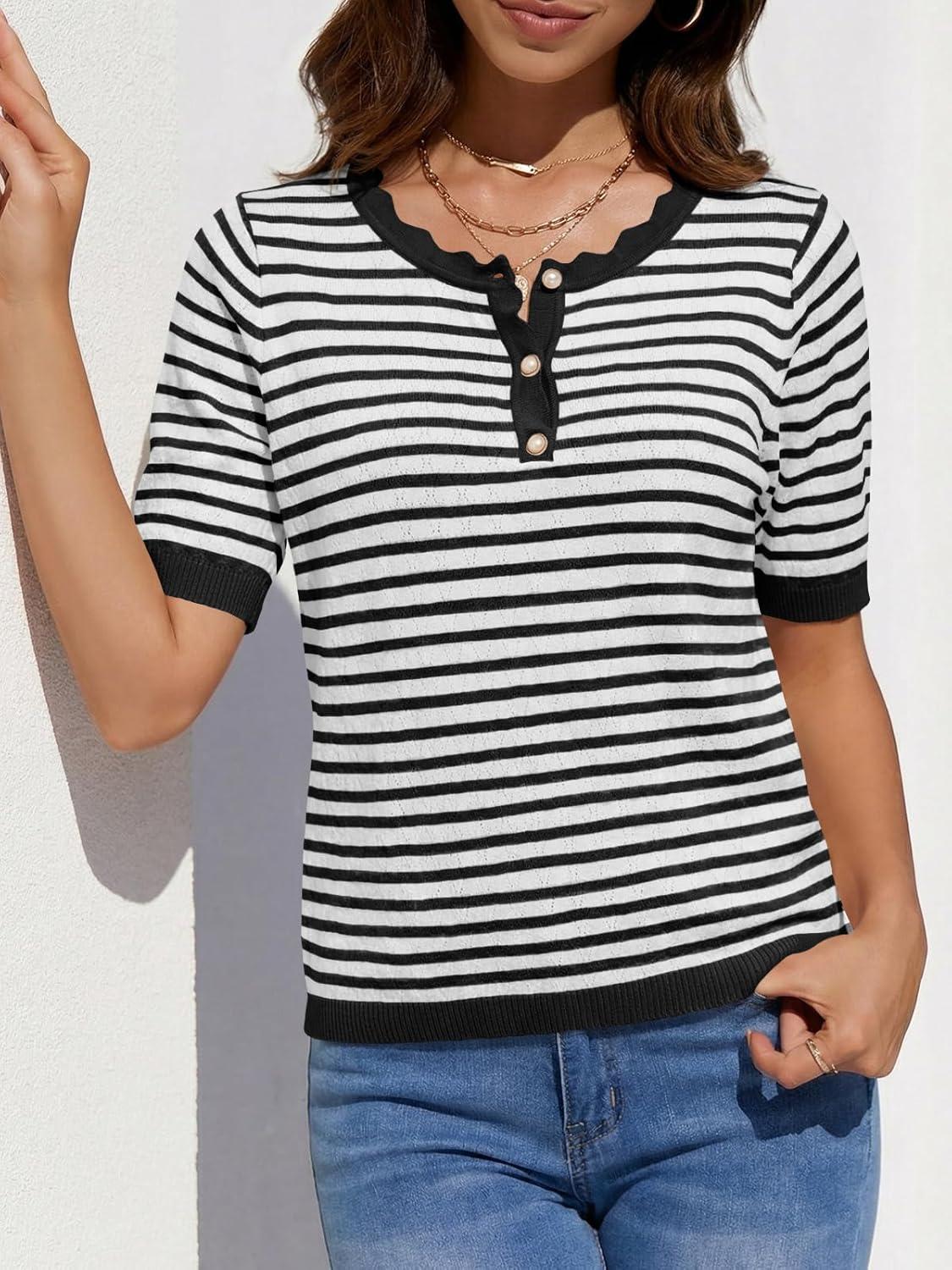 image:imageSaodimallsu Womens Short Sleeve Sweaters Striped Knit Summer Tops Casual Lightweight Pullover Henley Shirts Dressy TopsBlack