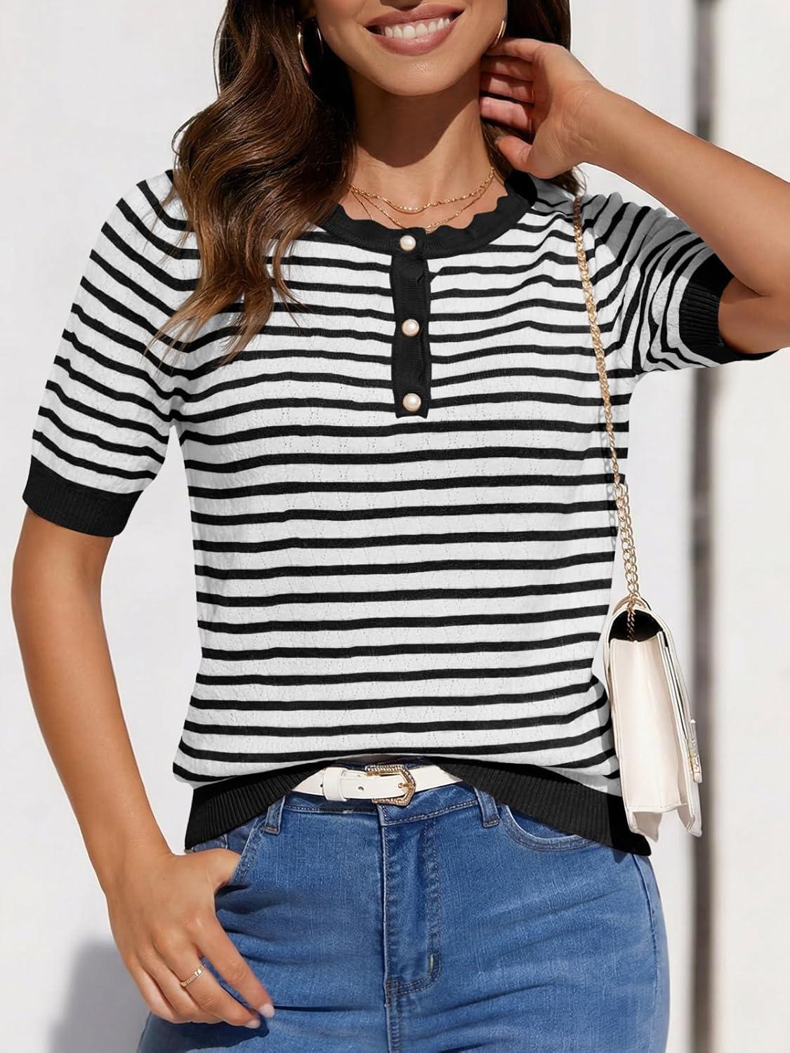 image:imageSaodimallsu Womens Short Sleeve Sweaters Striped Knit Summer Tops Casual Lightweight Pullover Henley Shirts Dressy TopsBlack